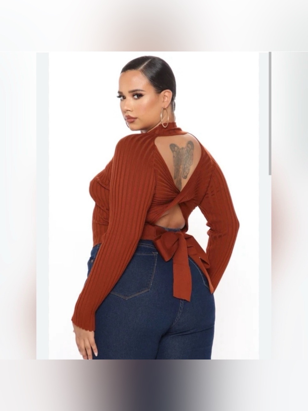 Fashion Nova Army Green Mock Neck Ribbed Open Back Tie Waist Sweater XL NWT